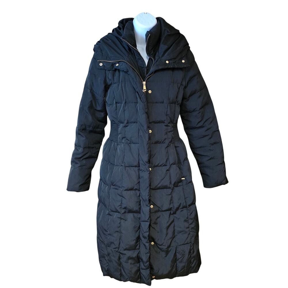 Cola‎ Haan Signature, black 32" Hooded Taffeta Down Coat- AS IS- sz XS